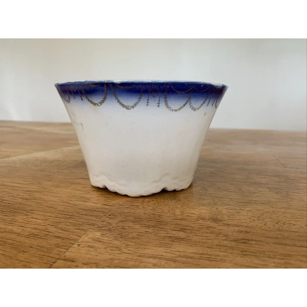 Vintage Antique Blue‎ Gold Trim Planter Bowl Japan? China Beautiful! Markings